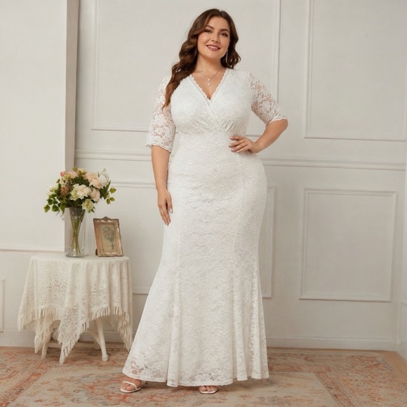 Amazon Dresses & Skirts - Pinup Fashion White Lace Mermaid Maxi Dress Plus Size Formal Bridal Cottagecore